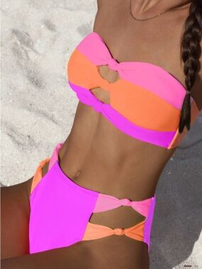 Neon Pink & Orange Knot Bandeau Bikini Set